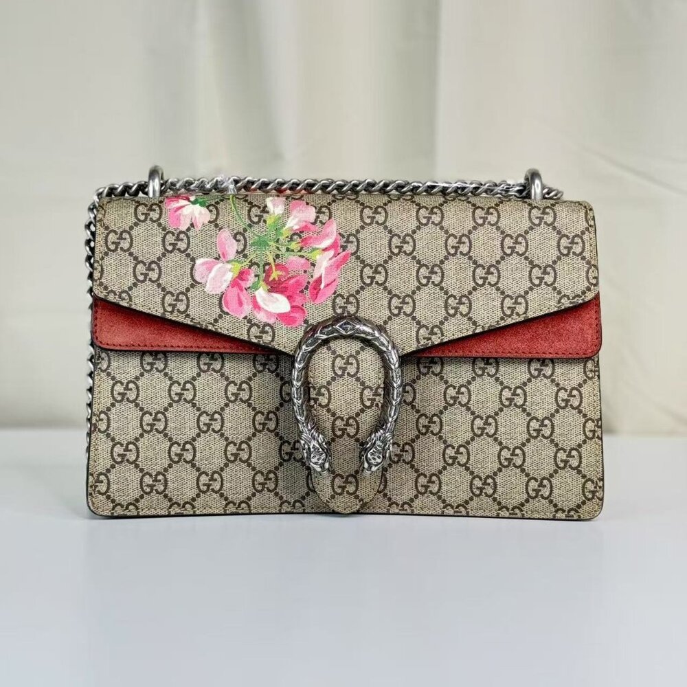 Gucci GG Logo Supreme Medium Dionysus Shoulder Bag with Floral Accent and Red Tr